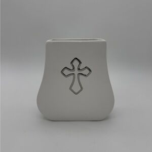 FTD Faithful Blessings Flower Vase White With Silver Cross Medallion Vintage